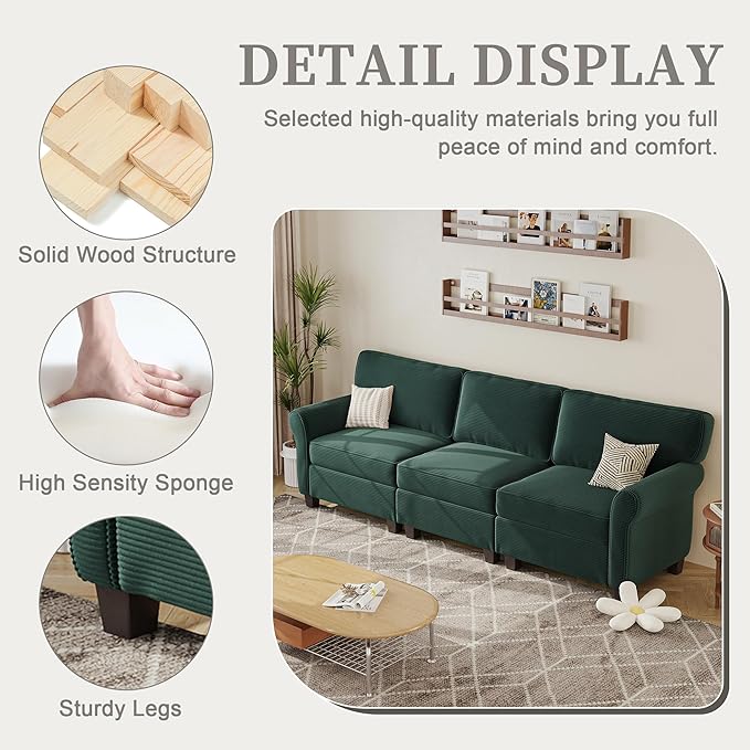 94 Sofa for Living Room 3 Seater Couch with Deep Seat Modern Comfy Corduroy Couches for Apartment Small Space Dark Green