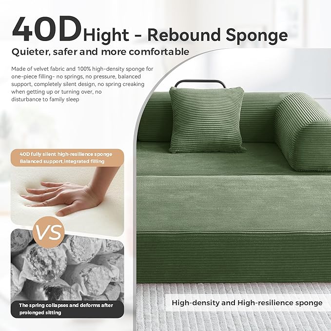 Convertible Floor Sofa Bed with Fixed-Shape Frame King Size Floor Sleeper 5-in-1 DIY Combination Modular Sofa Modular Chenille Folding Mattress Couch for Living Room Bedroom Playroom (Green)