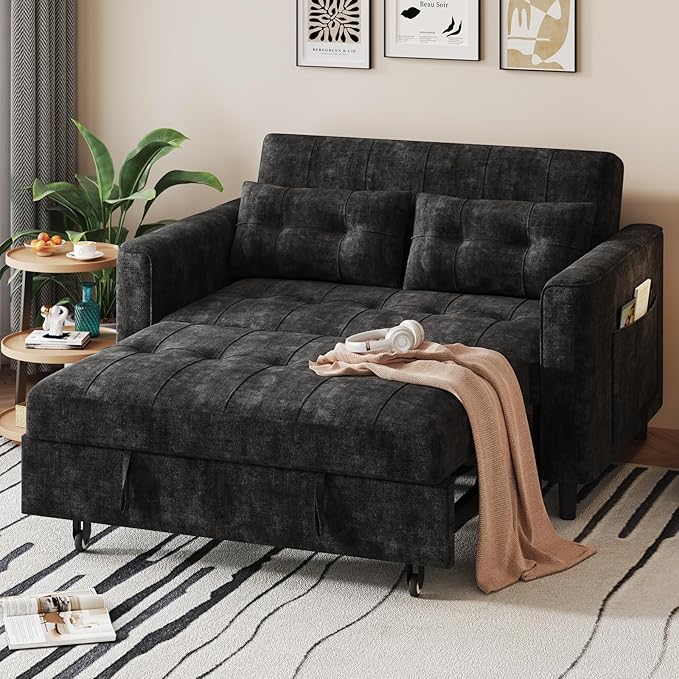 KKL 3 in 1 Convertible Sleeper Sofa Bed Pull Out Couch Bed with Adjustable Backrest Chenille Loveseat Couches with Side Pocket for Living Room Bedroom (Black)