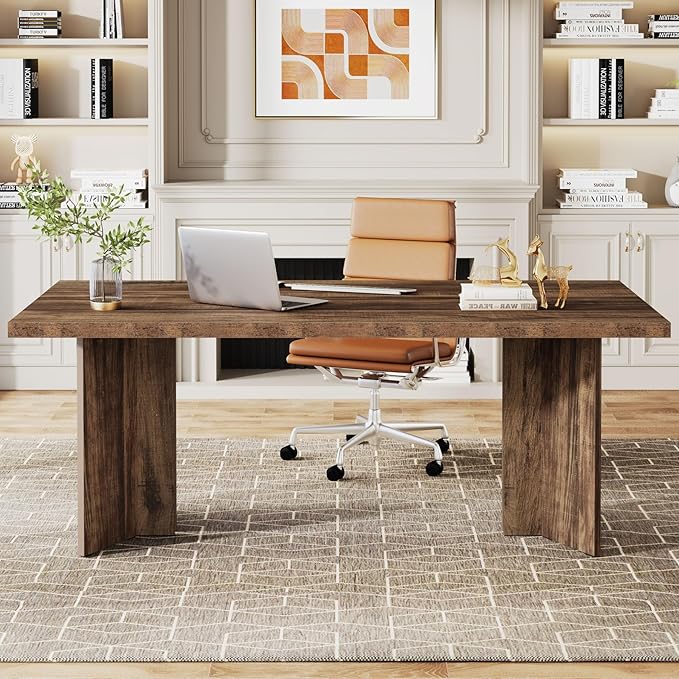 Tribesigns 63-inch Executive Desk Vintage Office Computer Desk with Large Tabletop Farmhouse Wood Writing Conference Table Workstation for Home Office Study Dark Brown