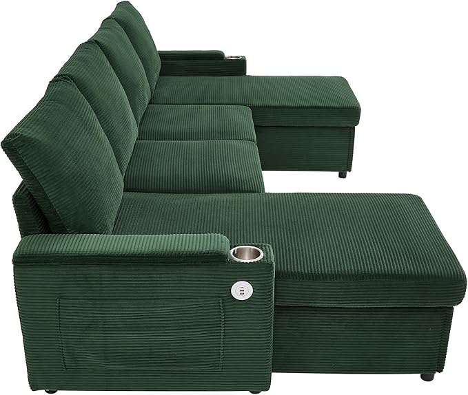 109.5 Sectional Sofa Convertible Pull-Out Sofa Bed with 2 Storage Chaise Lounges and Cup Holders Chenille Fabric U-Shaped Couch with Storage Boxes &amp USB Ports for Living Room (Green-9.19)