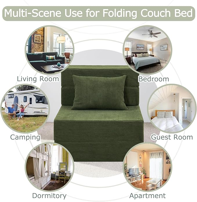 Folding Sofa Bed 4 in 1 Convertible Sleeper Chair with Pillow Single Memory Foam Fold Out Chair Bed Modern Floor Futon Sofa Couch Mattress for Living Room/Guest/Apartment Green | Convertible Comp