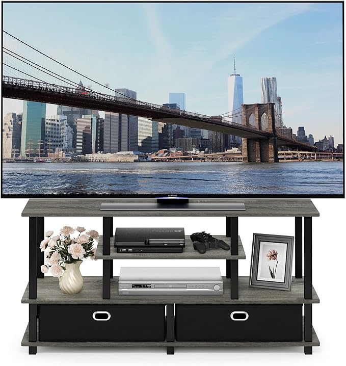 Furinno JAYA Large Stand for up to 55-Inch TV French Oak 47. 63(W) x 15. 55(H) x 22. 79(D) Inches. Grey/Black