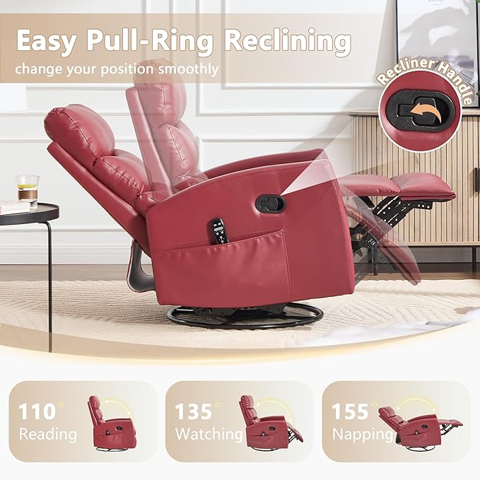 cinkehome Small Swivel Rocker Recliner Chair with Heated Massage Upholstered Nursery Glider Recliner Chair High Back Side Pocket (Red PU Leather)