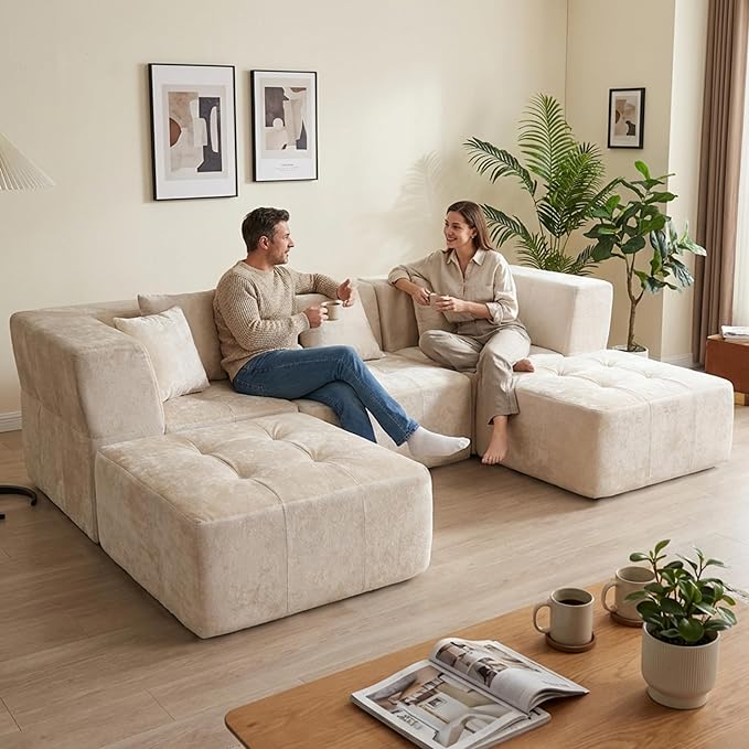 · REDEARTH · 5-Seater Modular Velvet Sectional Sofa No-Assembly U-Shaped Compressed Couch in a Box with Ottoman Boneless Modular System in Plush Velvet for Living Room (3-Seater + 2-Ottoman) Cream