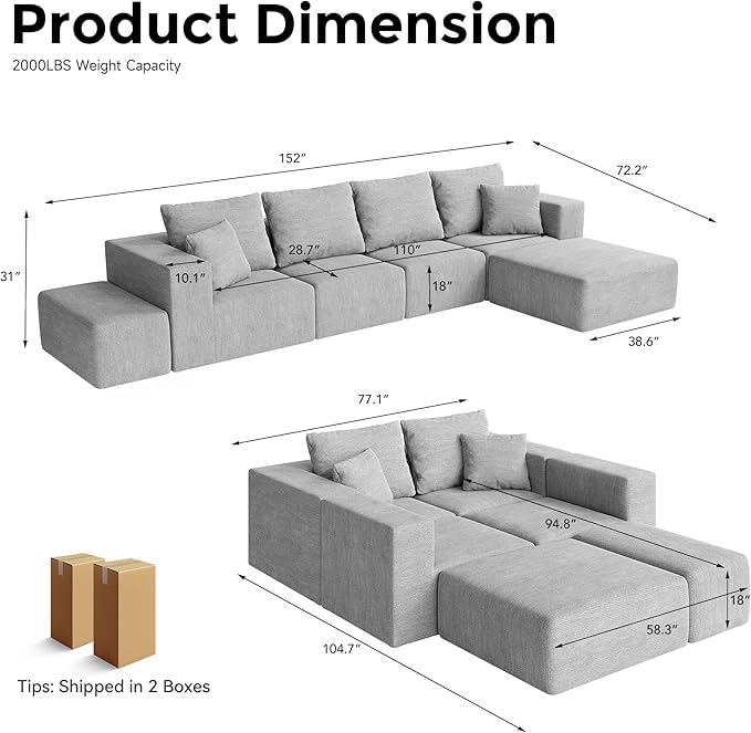 152'' Cloud Couch Sectional Deep Seat Upholstered Sofa Chenille Grey Modular Sectional Couches for Living Room Memory Foam with 6 Pillows No Assembly Required