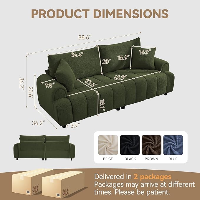 88 Modern Boucle Sofa Couch Oversized Comfy 3 Seater Sherpa Curved Sofas Deep Seat Upholstered Loveseat Teddy Round Arm Couches for Living Room Bedroom Green