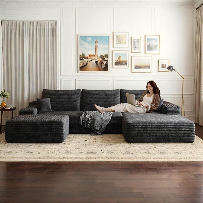 108 W Corduroy Sectional Boneless Cloud Couch with Chaise &amp Ottoman No Assembly Required U Shaped Modular Sectional Sofa Cozy Fluffy Sofa for Living Room (Black Right Facing Chaise+Ottoman) |