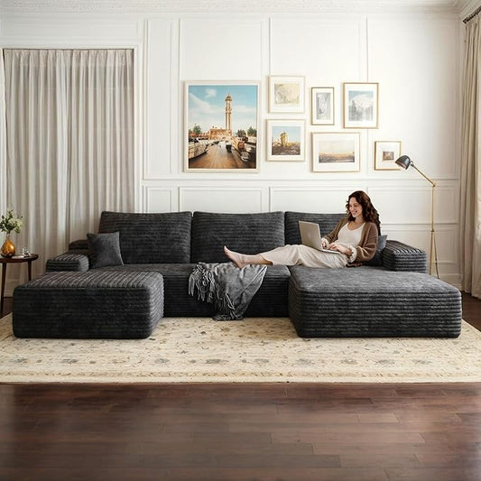 108 W Corduroy Sectional Boneless Cloud Couch with Chaise &amp Ottoman No Assembly Required U Shaped Modular Sectional Sofa Cozy Fluffy Sofa for Living Room (Black Right Facing Chaise+Ottoman) |