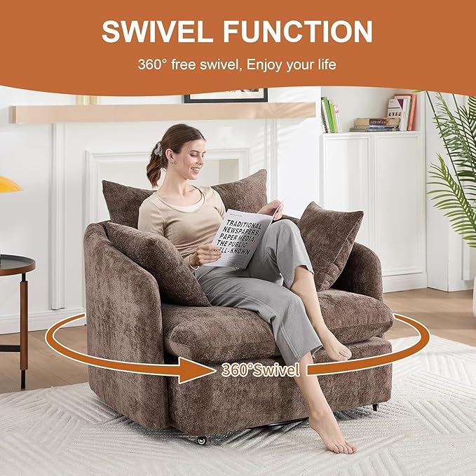 360 Degree Swivel Accent Chair Oversized 37.4 inch Extra Wide Barrel Swivel Chairs with Deep Seat for Living Room Club Reading Bedrooms (Chenille Brown)