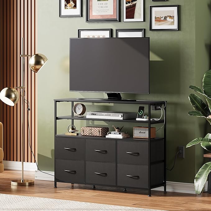 WLIVE Black TV Stand for 40 45 inch TV Entertainment Center with LED Lights &amp Charging Station TV Media Console Table with 6 Fabric Drawers and Open Shelves for Living Room Hallway Wood Top