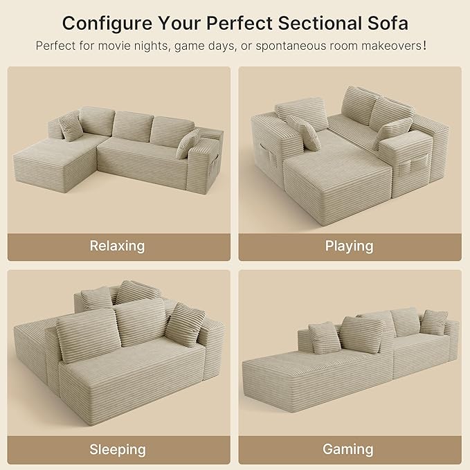 Gizoon 105 Cloud Sectional Couch with L-Shape Chaise Modular Boneless Sofa for Living Room Upholstered Corduroy Couch with Deep Seat No Assembly Required (Beige Left Facing Chaise)
