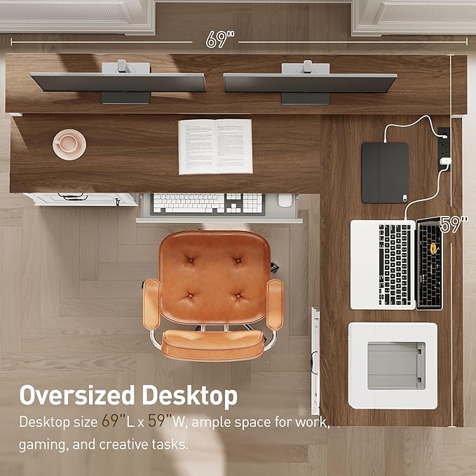 Farmhouse 69 Executive L Shaped Desk with Drawer Home Office Desk with Charging Station Corner Computer Desk with Monitor Stand File Drawer Storage Cabinet White and Walnut
