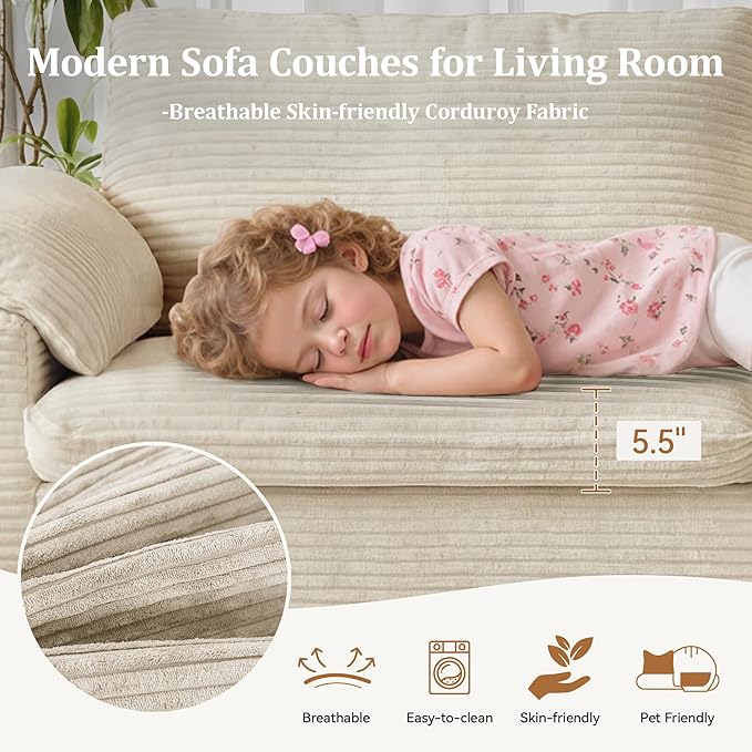 WEUP 86 Loveseat Sofa Beige Corduroy Couches for Living RoomMid Century Modern Love SeatSuper Comfy Cloud SofasDeep SeatWide ArmrestSturdy Frame for Bedroom Apartment Office