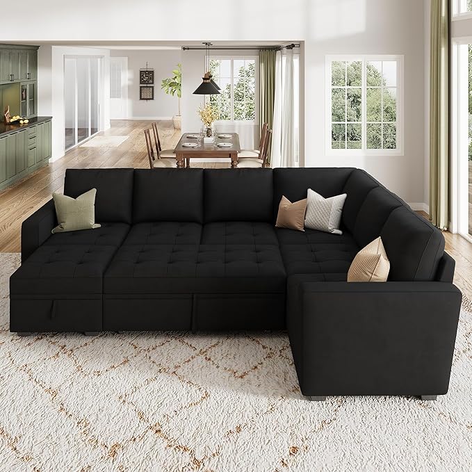 HONBAY Modular Sectional Couch with Pull Out Bed Sleeper Sofa with Storage U Shaped Modular Sectional Couches for Living RoomVelvet Black