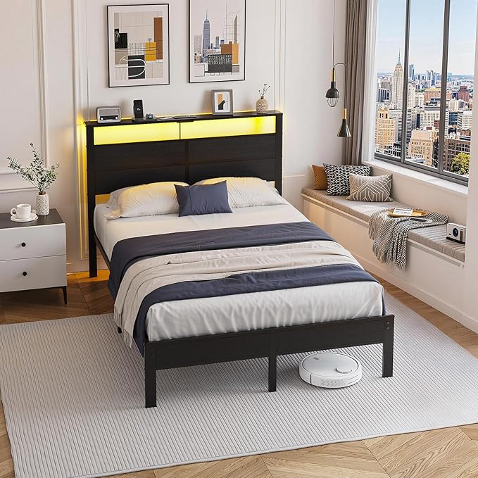 Full Size Metal Bed Frame with Storage Headboard LED Lights and USB Charging Ports Noise Free Platform Bed with Sturdy Slats No Box Spring Needed Easy Assembly