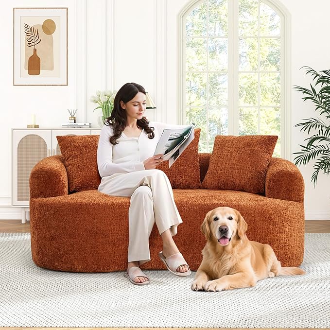 60 Curved Sectional Sofa for Small Spaces - Plush Chenille Modern Cloud Loveseat with Pocket Springs &amp Memory Foam Boneless Floor Couch for Living Room 27.6 Extra Deep Seat No Assembly (Orang
