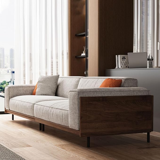 111.81 in. Four-seat Removable Washable Cotton-Linen Fabric mid-Century Modern Sofa Square arms with Throw Pillows.
