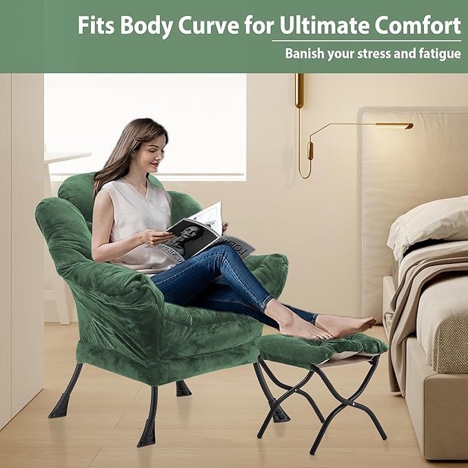 Lazy Chair with Folding Ottoman Accent Chair Plush Upholstered with Metal Structure and Non-Slip Pads Sofa Armchair with Footrest and Side Storage Bag for Dorm Room Office Green