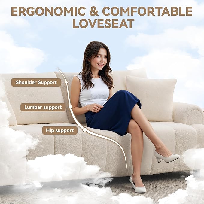 88 Modern Boucle Sofa Couch Oversized Comfy 3 Seater Sherpa Curved Sofas Deep Seat Upholstered Loveseat Teddy Round Arm Couches for Living Room Bedroom Beige