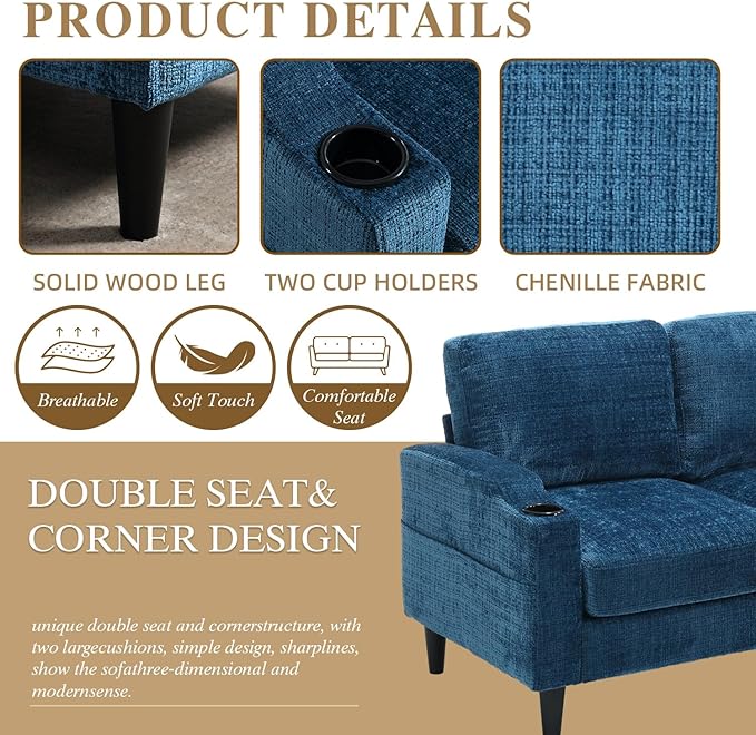 3 Seater Sectional Couch L Shaped Modular Couch with Solid Wood Frame Small Sofa with Storage Ottoman &amp Cup Holder &amp Side Pocket for Apartment Game Room Dormitory Room (Blue)