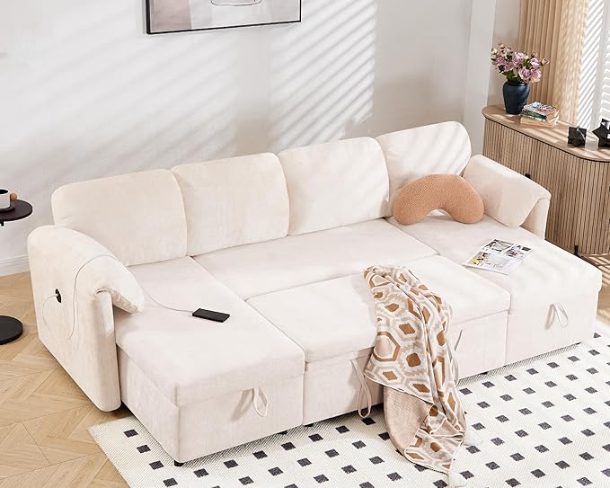 Tbfit 109'' Pull Out Sofa Sleeper Sofa Bed with USB &amp 2 Storage Chaises Comfy Oersized U Shaped Convertible Sectional Sleeper Couches for Living Room Apartment Office Beige