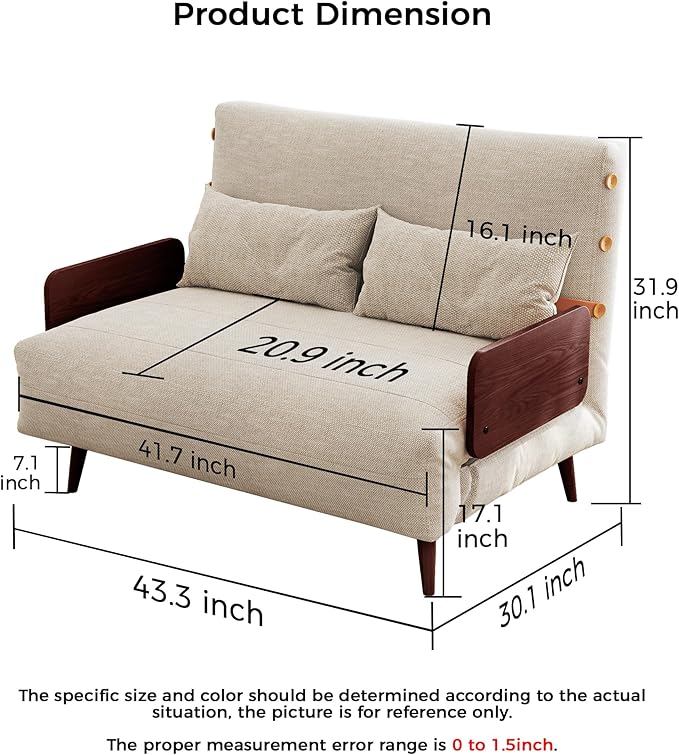 JASIWAY Convertible Sleeper Chair Bed for Adults 3 in 1 Linen Convertable Futon Chair with Pillow Fold Out Single Sleeper Couch Guest Bed for Small Spaces Bedroom Modern with Walnut Arm 43.3 | 5