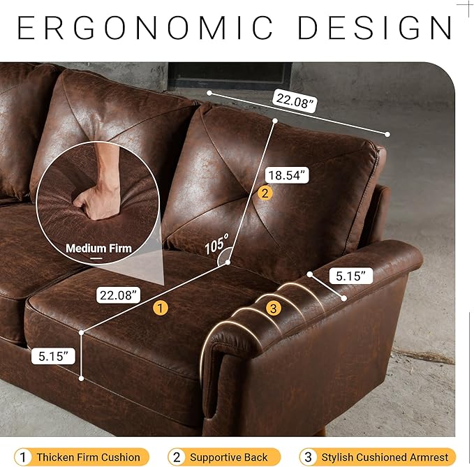 HOOOWOOO 72 Faux Leather Couch Small Sofa Living Room Couch 3 Seater Sofa Modern with Button Tufted Back Cushioned Square Arm for Small Bedroom ApartmentDark Brown