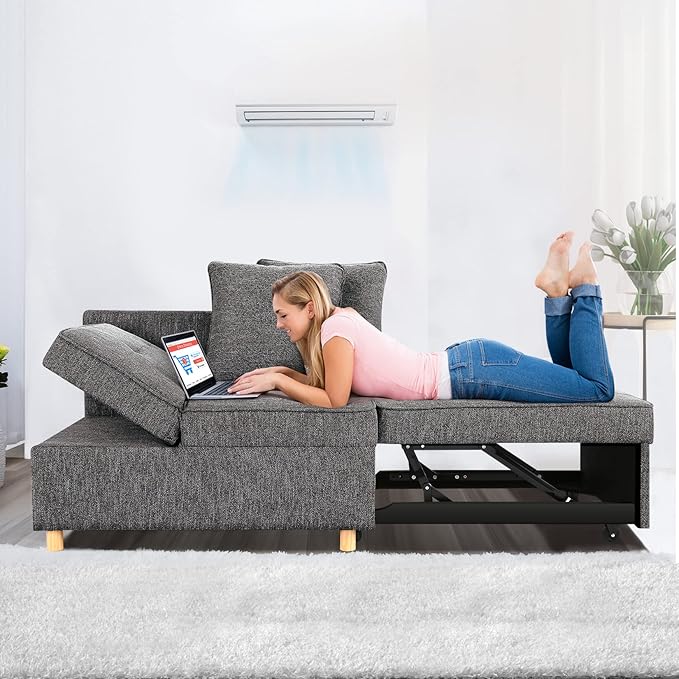 SEJOV Sofa Bed 4-in-1 Convertible Sofas &amp Couches 3-Seat Linen Fabric loveseat Sofa with 2 Throw Pillow Single Recliner for Small Space with 5 Adjustable Backrest Dark Grey