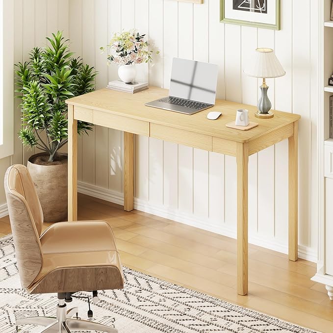 Solid Ash Wood Desk - 47.2 Inch Natural Boho Desks 220LBS Capacity Writing Desk with Drawers Simple Study Table Home Office Desks for Bedroom Living Room &amp Office