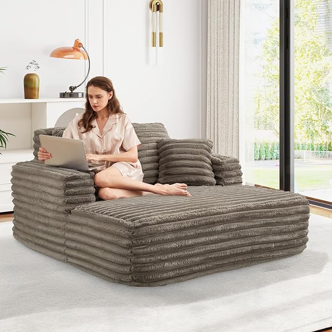 56 Oversized Chaise Lounge Chair IndoorPlush Faux Fur Sleeper Sofa Couch Bed with Pillows&ampWide ArmrestsFluffy Comfy Cloud CouchCompression Foam Couch for Living RoomBedroom(Brown)