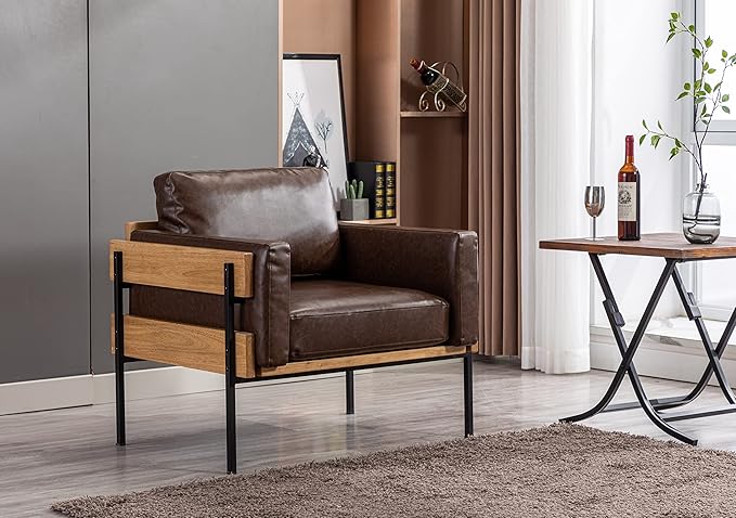Generic Single Leisure Sofa Chair Living Room PU Leather Chair Modern Comfortable Leisure Armchair Light Brown