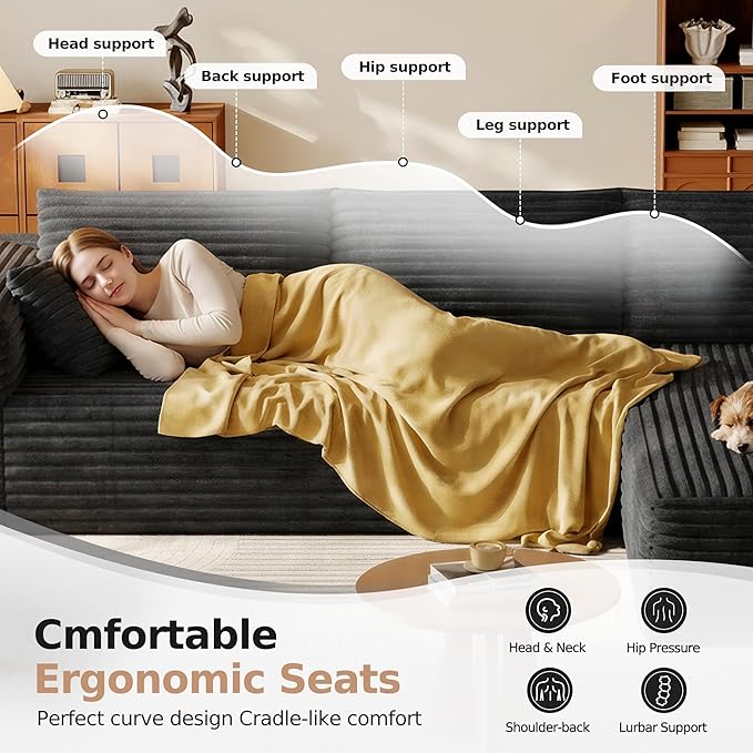 108.2 Modular Sectional Sofa with Deep Seat Boneless L Shaped Corduroy Couch Modern Comfort Cloud Couch Oversized for Living Room No Assembly (Right Facing ChaiseBlack)
