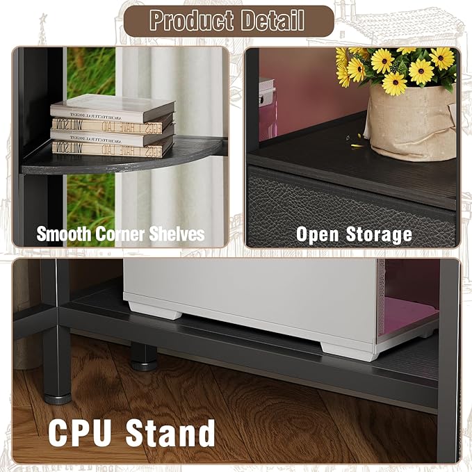 Corner Desk with 6 Drawers Shelves for Small Space Computer Desk with Power OutletsGaming Desk with Printer Monitor Stand Storage for Home Office Workstation Writing Table (Black 31.5)