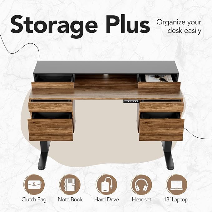 HUANUO Electric Standing Desk with 6 Drawers 55 Inch Height Adjustable Stand Up Desk with Storage Computer Workstation Compatible with Monitor Stand for Home Office Black Walnut