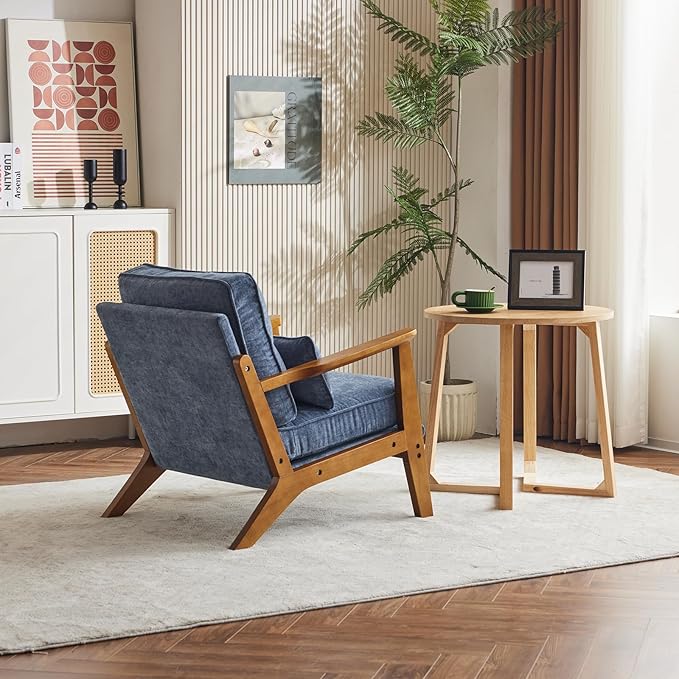 Karl home Accent Chair Wide Armrest Mid-Century Lounge Chair Chenille Armchair with Lumbar Pillow &amp Solid Wood Frame for Living Room Bedroom Balcony Dusty-Blue