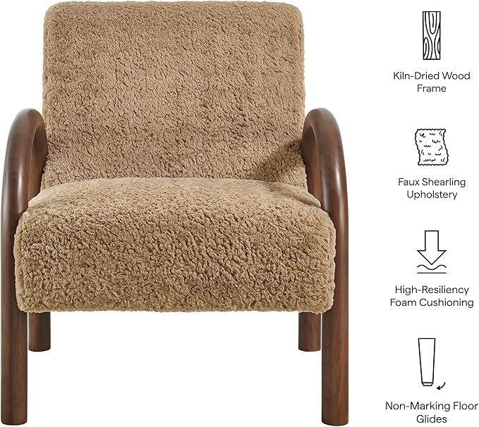 Modway Lunet Faux Shearling Upholstered Accent Chair in Sand – Modern Fuzzy Lounge Armchair with Arched Wood Arms