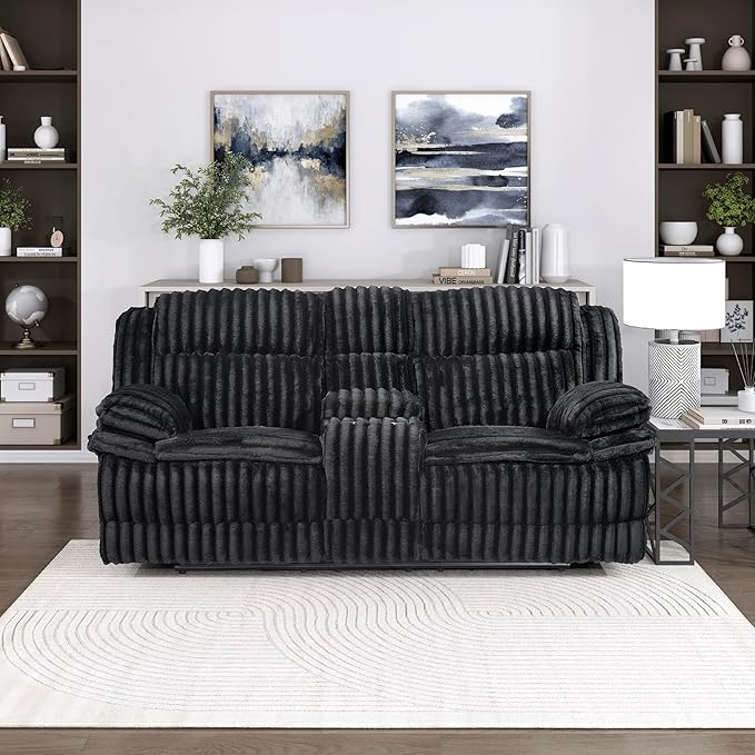 Lexicon Manual Double Reclining Loveseat with Center Console Corduroy Manual Wall Hugger Recliner Couch Pillow Top Arms Cup Holders Hidden Storage Cozy Loveseat for Living Room Black