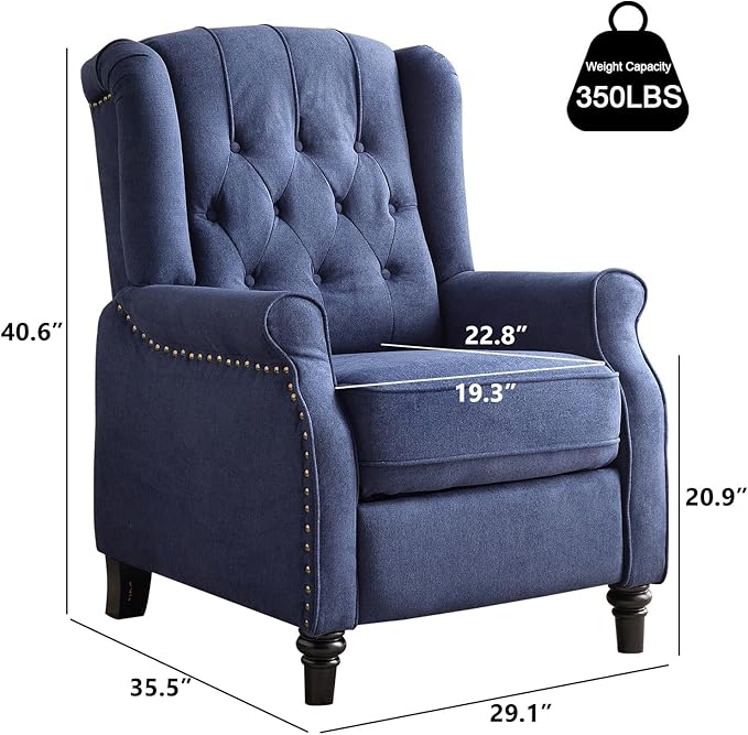 EBELLO 2 Pcs Pushback Recliner Chairs Fabric Armchair Push Back Recliner with Rivet Decoration Single Sofa Accent Chair for Living Room Bedroom Blue