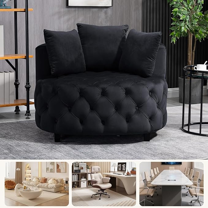 mikibama Black Velvet Accent Chair Upholstered Barrel Chair Lounge Chair with 3 Movable Pillows and Rubber Wood Legs Oversized Round Sofa Chair Reading Chair for Living Room Bedroom Hotel Office