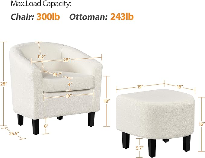 Topeakmart Sherpa Accent Chair with Ottoman Set Boucle Club Chair with Footrest Modern Cozy Recliner for Living Room/Bedroom Ivory