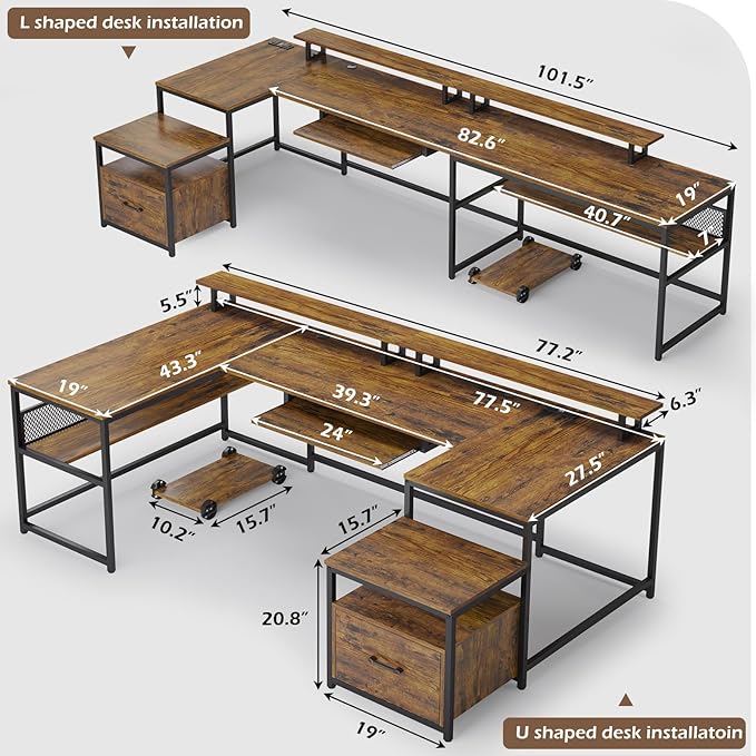 SEDETA U Shaped Desk Reversible L Shaped Home Office Desk with File Drawer &amp Power Outlet 101.5'' Computer Two Person Desk with Monitor Shelf Keyboard Tray Gaming Desk Rustic Brown