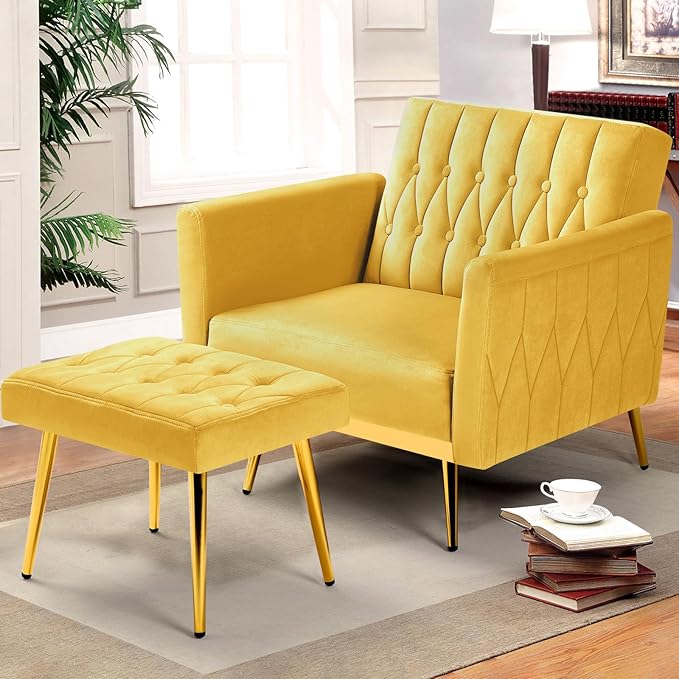 Velvet Accent Chair w/Adjustable Armrests and Backrest Button Tufted Lounge Chair Single Recliner Armchair with Ottoman and Pillow for Living Room BedroomYellow