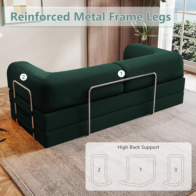 78.8 Folding Convertible Sofa Bed 4-in-1 Floor Sofa Modular Futon CouchPull Out Couch Memory Foam King Size Sofa BedNo Assembly Needed Boneless Couch for Living Room（Green）