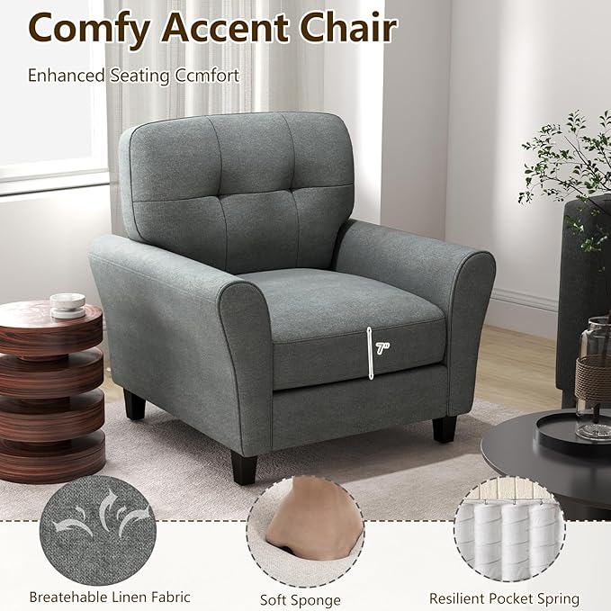 KOMFOTT Upholstered Accent Chairs Set of 2 Mid-Century Modern Living Room Chairs Linen Fabric Armchair with Tufted Back Non-Slip Foot Pads Single Sofa Chairs Reading Chairs for Bedroom Grey