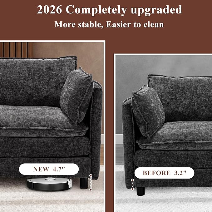 108 U Shaped Couch Comfy Cloud Modular Sectional Sofa with Movable Ottoman Deep Seat Chenille Modern Cloud Sofa Sectional Couches for Living Room Apartment (Gray 4 Seater with 1 Ottoman)