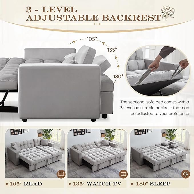 Convertible Sleeper Sofa Bed82.6W Velvet Tufted L Shaped Sectional Couch with Adjustable Back &amp Reversible Storage ChaiseModern Futon Pull Out Couch Bed for Living RoomApartmentSmall Place(Gr