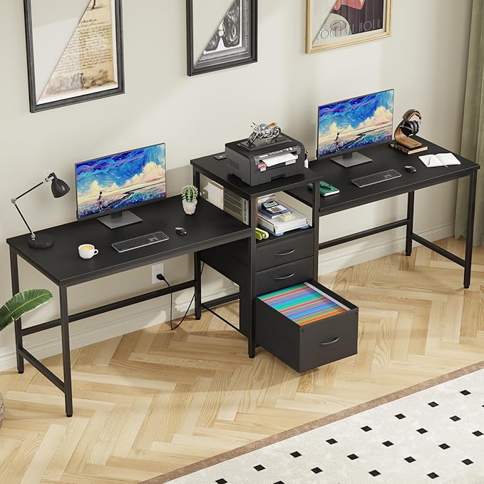 GYIIYUO 93'' Two Person Gaming Desk with Charging Station Long Desk with 3 Drawers and Printer Shelf Double Computer Desk 2 Person Writing Study Table Workstation for Home Office Black