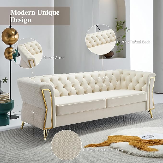 87.4 Velvet Sofa Couch Mid-Century Modern Chesterfield Loveseat Classic Button Tufted 2 Seater Couch with Golden Legs for Living Room Office Bedroom (Beige)