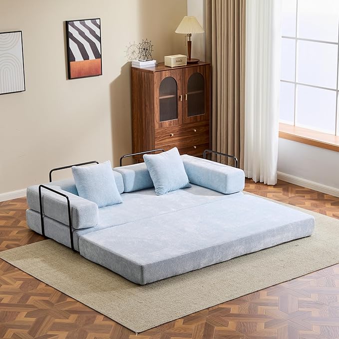 Folding Sofa Bed Convertible Sleeper Sofa Chenille Floor Couch with Pillows Fold Out Couch King Size Bed Futon  Foldable Memory Foam Mattress for Living Room Bedroom Playroom (Light Blue)